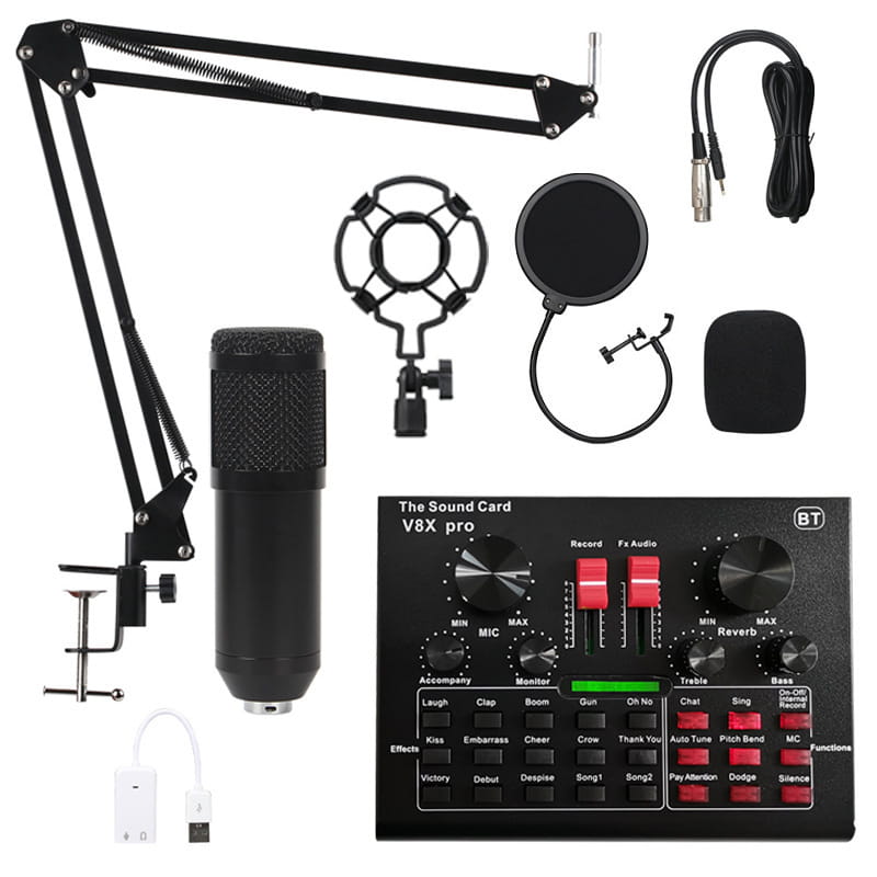 Black v8x pro usb sound card with red buttons silver knobs and cantilever bracket microphone set for professional audio recording.