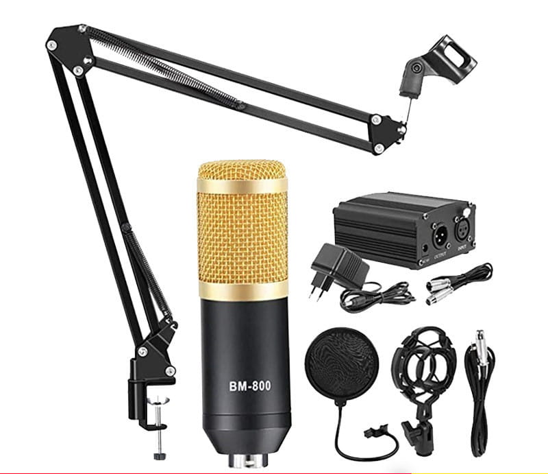 Black and gold bm-800 condenser microphone with mesh grille included in the V8X Pro usb sound card and cantilever bracket microphone set.