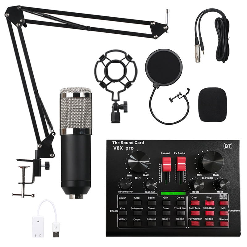 black and silver condenser microphone with mesh grille mounted on adjustable cantilever bracket stand included in V8X Pro Sound Card usb sound card microphone set