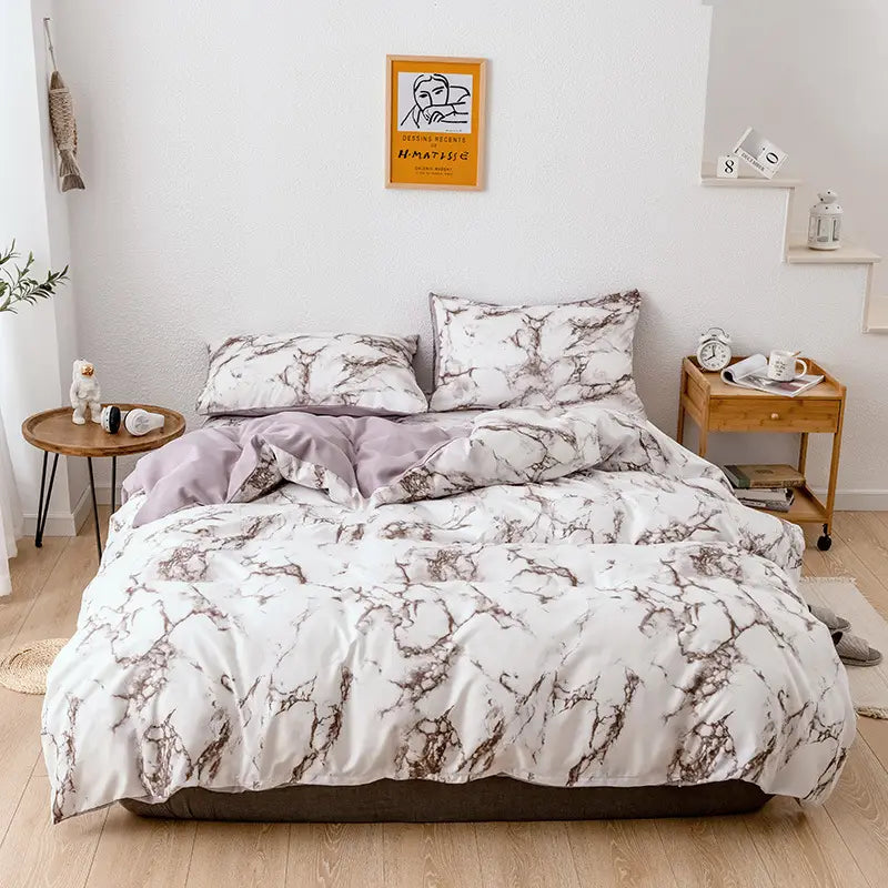white and gray marble-patterned bed sheets set quilt with a soft plush texture in a pink and white marble set quilt duvet cover design