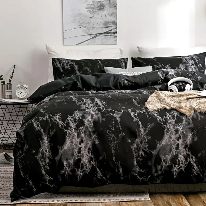 black marble-patterned bed sheets set with white veining featured in a pink and white marble bed sheets set quilt duvet cover for stylish bedroom decor.
