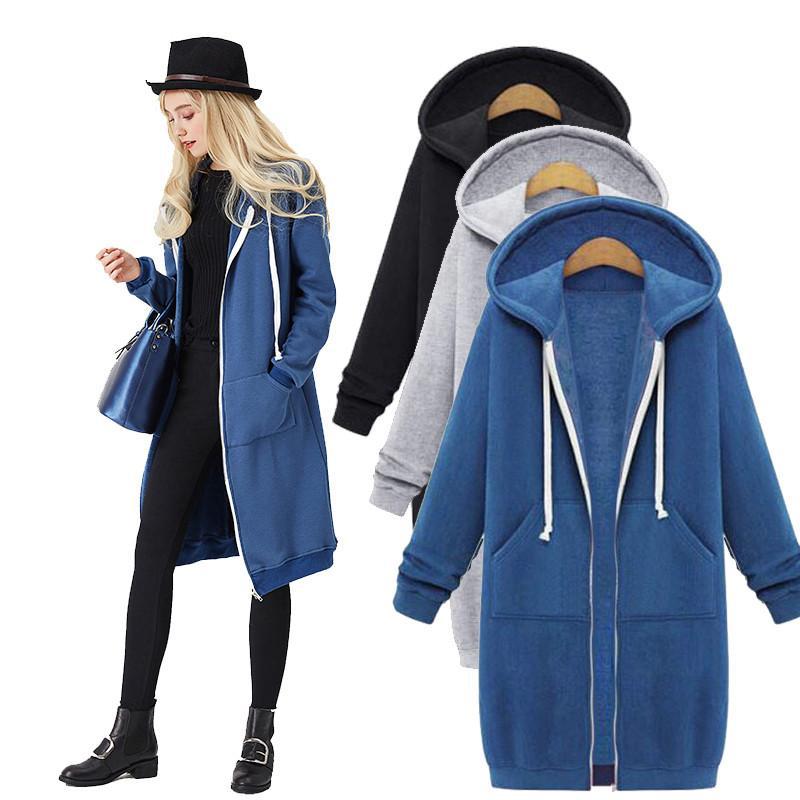 women zip up long thick hooded winter sweater in blue with white drawstrings and plush interior shown in multiple colors including black and gray for warmth and comfort.