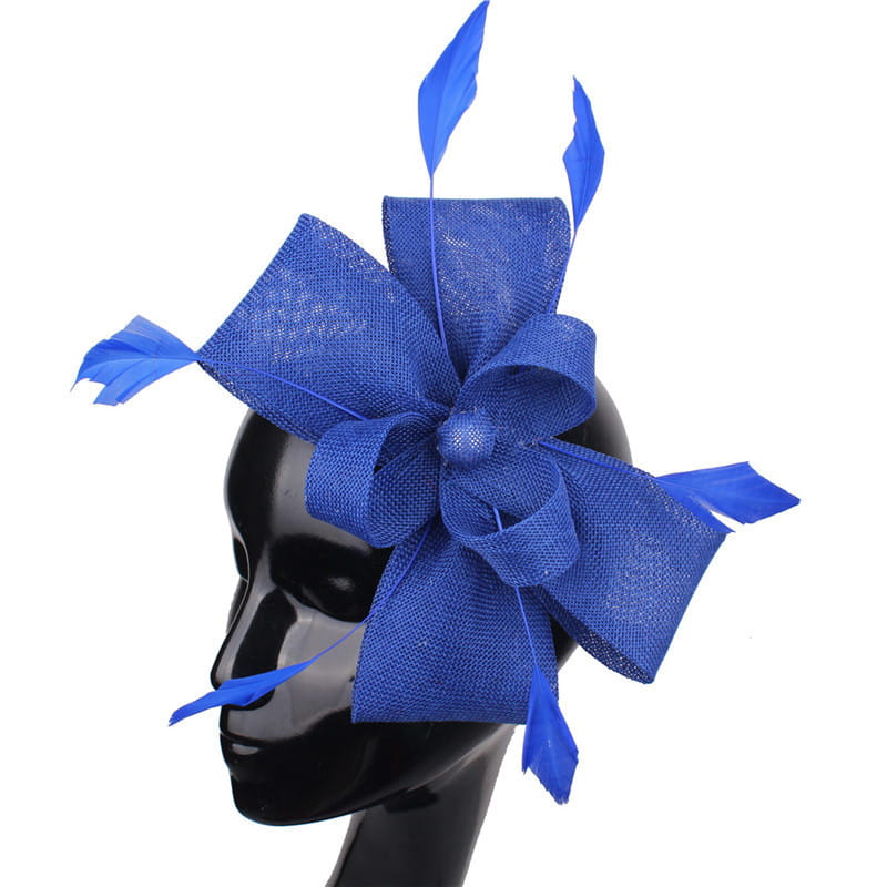 vibrant royal blue ladies banquet ball fascinator featuring a textured fabric bow and matching feather accents as elegant banquet ball hair accessories