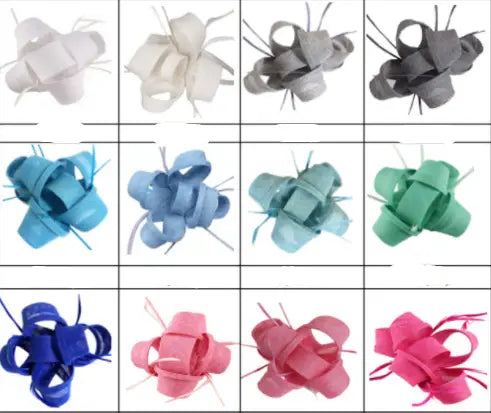 a collection of elegant ribbon-wrapped fascinators in white gray blue green pink and purple designed as ladies banquet ball hair accessories for formal events