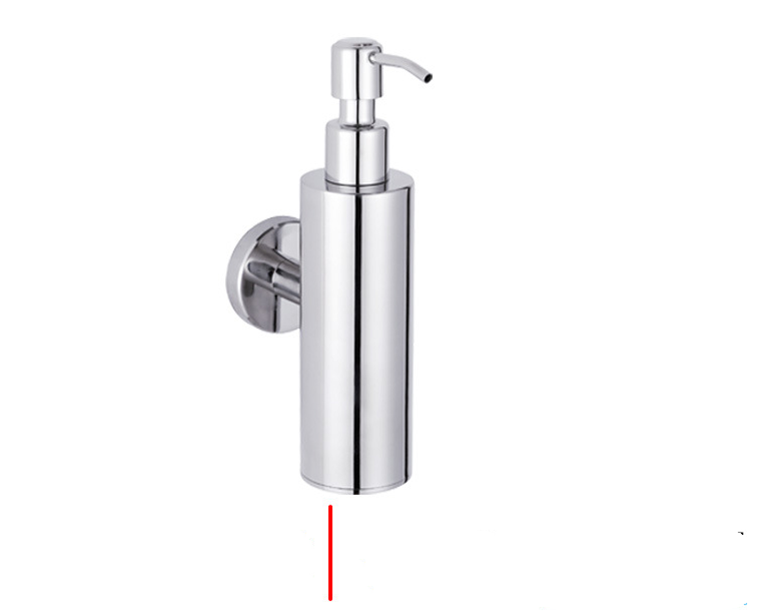 chrome-finished wall mounted bathroom hardware pendant lotion bottle with sleek cylindrical body and curved pump nozzle for convenient soap dispensing