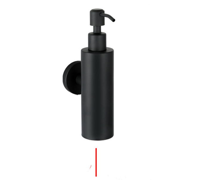 black matte-finish wall mounted bathroom hardware pendant lotion bottle with a sleek cylindrical body and pump mechanism for dispensing soap or lotion.