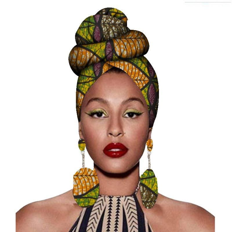 Vibrant green yellow and purple leaf patterned fashion african headscarves featuring bold geometric designs, ideal for clothing headwear and headbands.