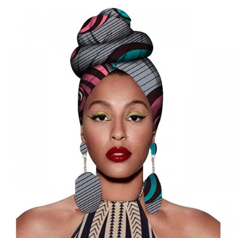a vibrant fashion african headscarves featuring bold stripes and geometric designs in shades of gray, pink, teal, and black as part of a floral fashion african headscarves and earrings set