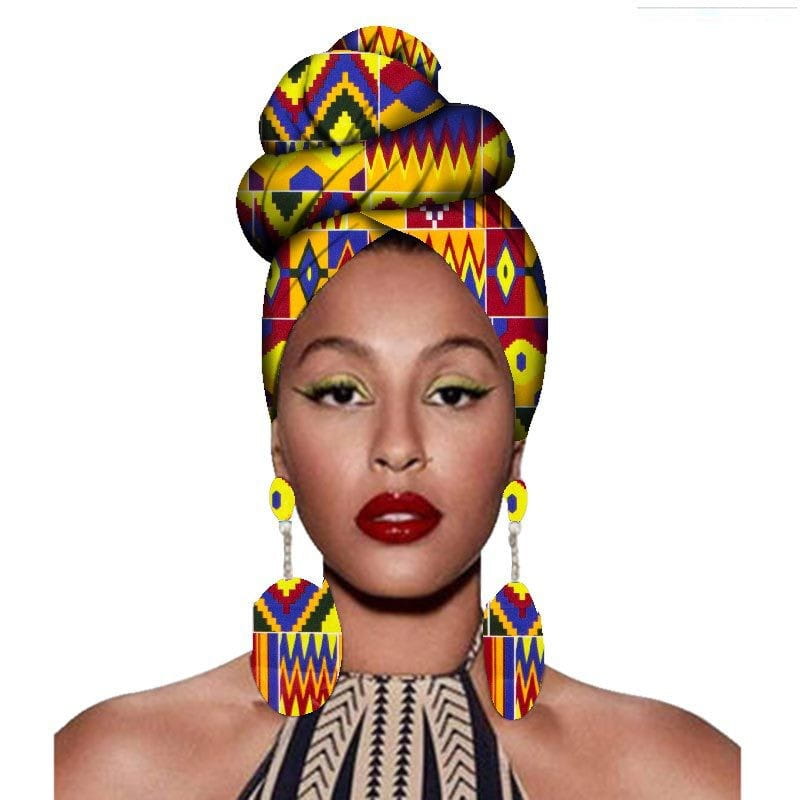 vibrant geometric-patterned floral fashion african headscarves in bold yellow red and blue tones designed as clothing headwear headbands paired with matching earrings set
