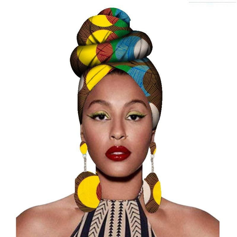 A vibrant patterned headwrap in bold yellow green blue and brown geometric design featured in a floral fashion african headscarves and earrings set perfect for fashion african headscarves and african clothing headwear collections.