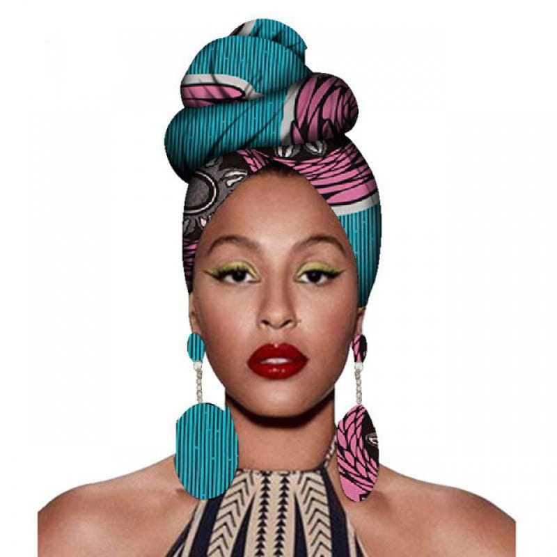 vibrant turquoise and pink patterned fashion african headscarves featuring bold geometric designs in a floral fashion african headscarves and earrings set.