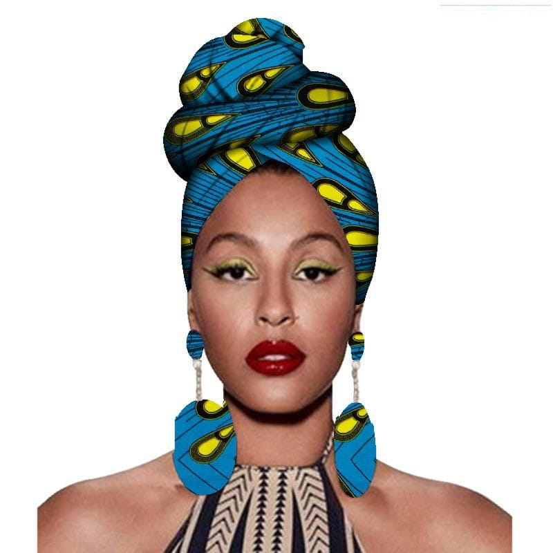 blue and yellow patterned fashion african headscarves featuring bold abstract leaf-like designs suitable as clothing headwear headbands in a floral fashion african headscarves and earrings set