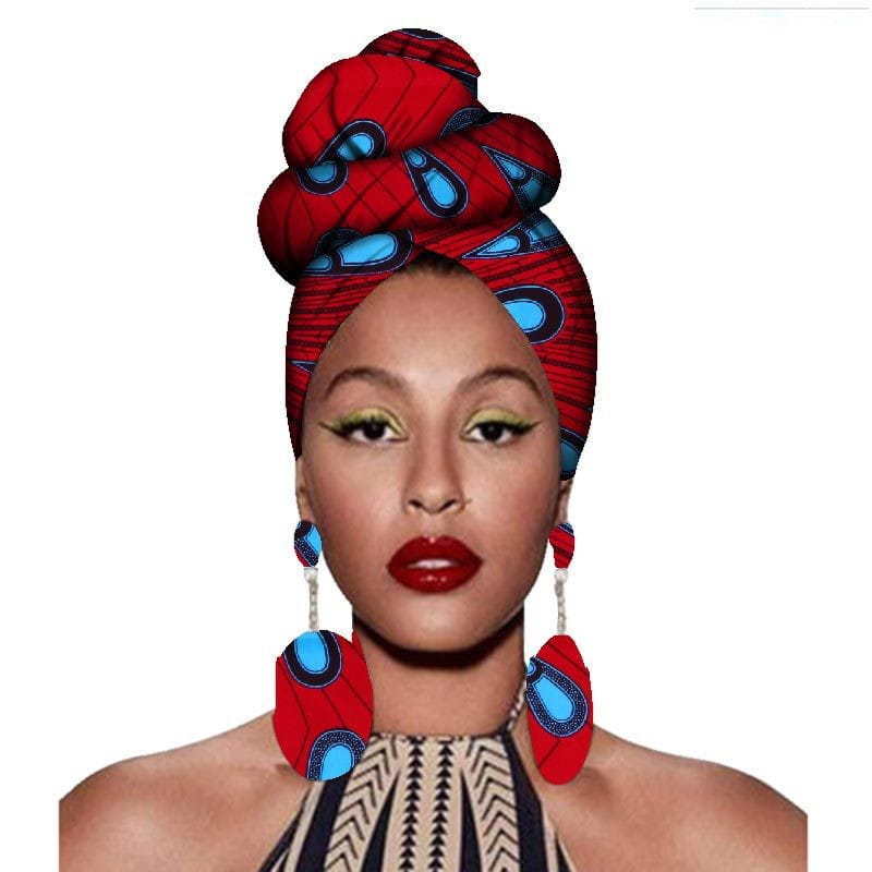 floral fashion african headscarves and earrings set featuring a red and blue patterned headwrap with bold geometric designs, ideal as fashionable africa clothing headwear or clothing headwear headbands.