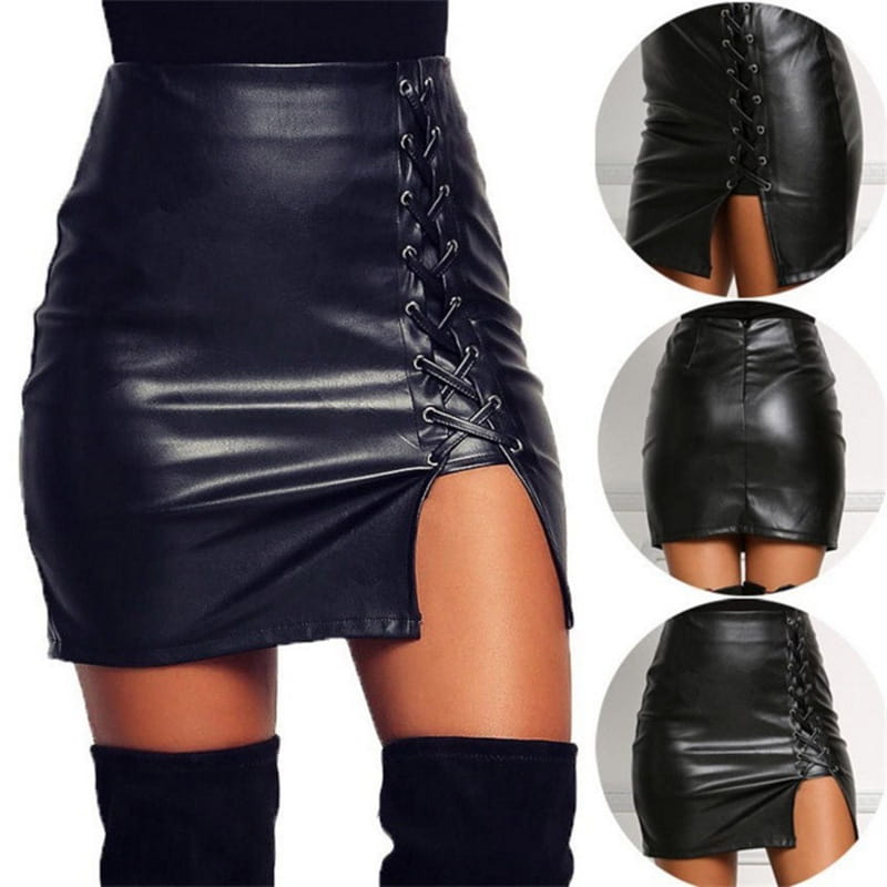 Black lace up faux leather mini skirt in black featuring a lace-up front and thigh-high slit designed for stylish wear.