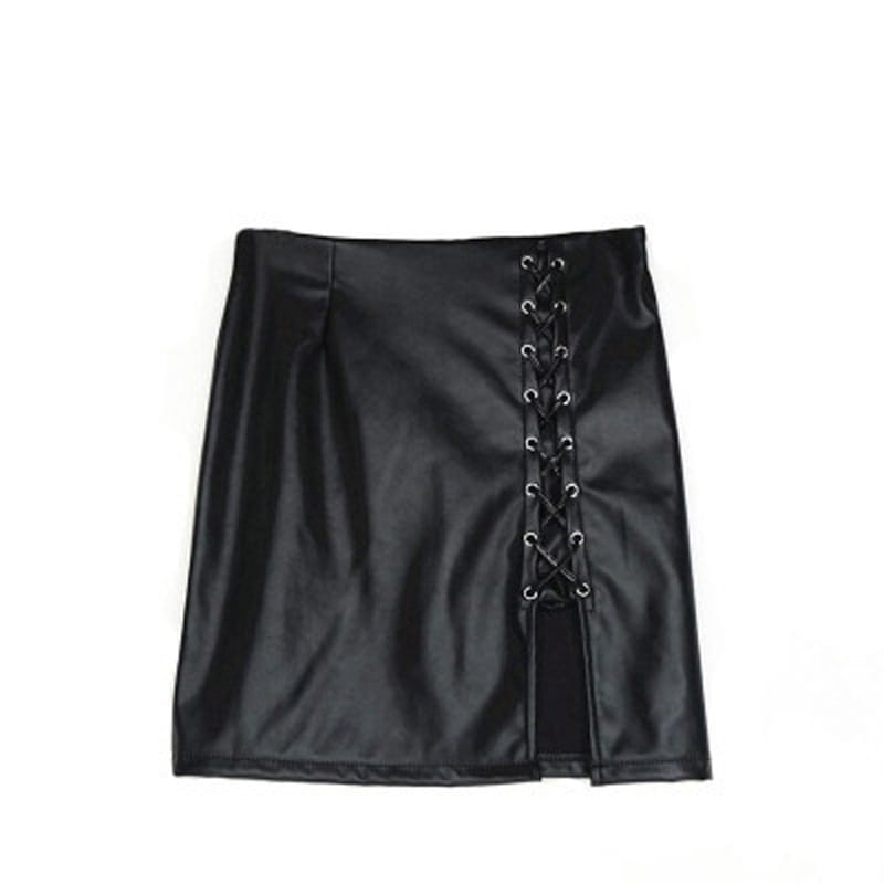 Black lace up faux leather mini skirt in black featuring a central lace-up front with silver-toned eyelets, ideal among leather skirts for stylish wear.