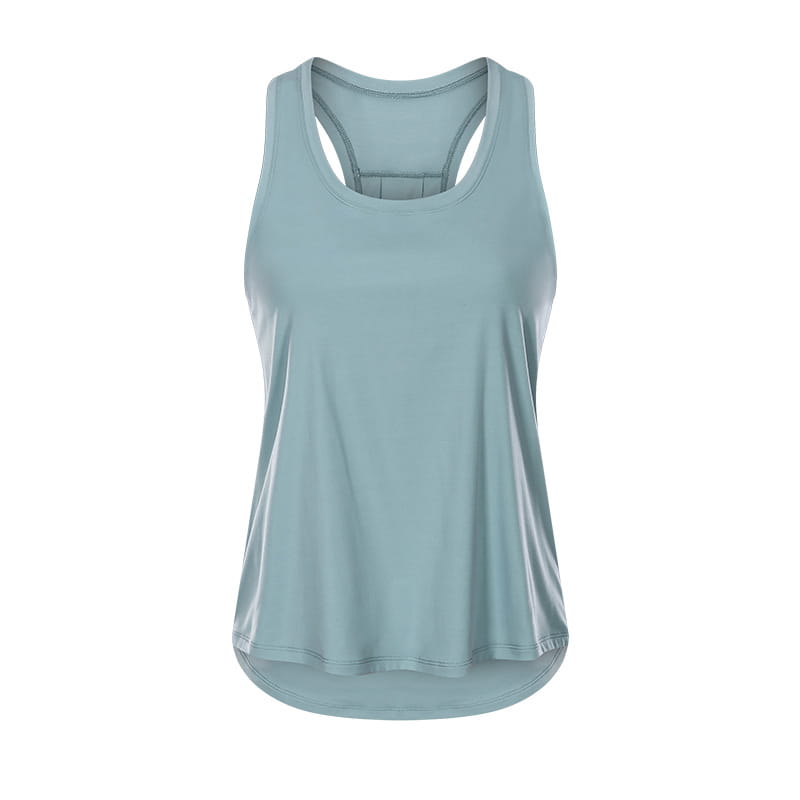 a light blue sleeveless yoga uniform tank top with a racerback design and high-low hemline featuring sports nude sleeveless style for enhanced comfort.