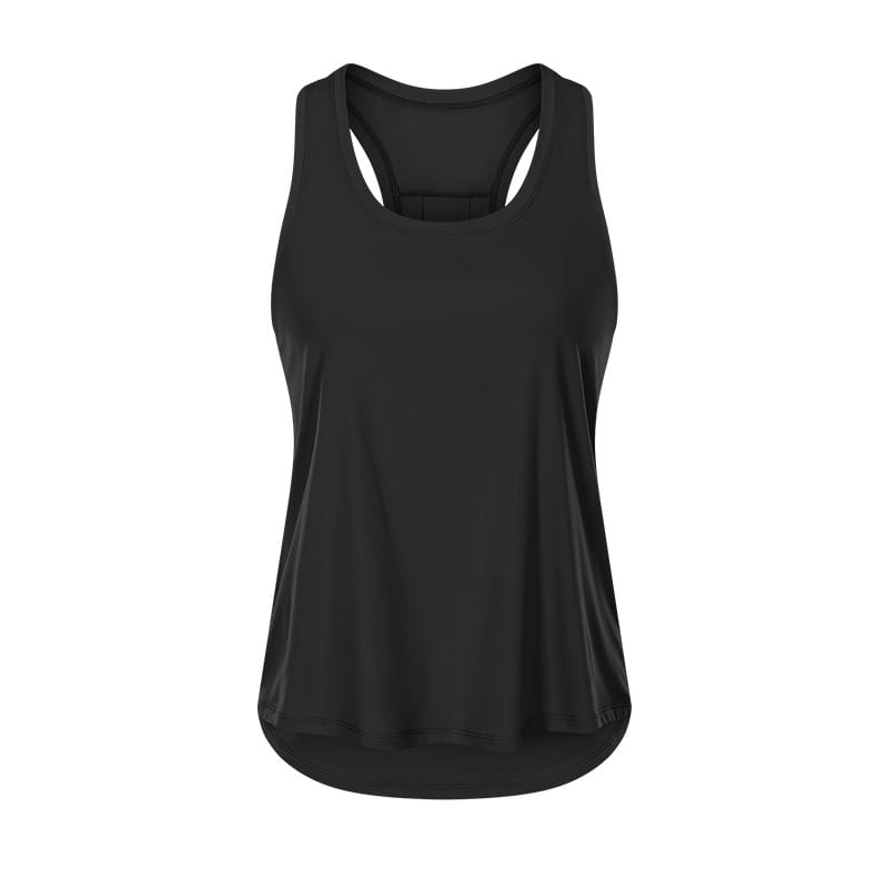 Light blue nude sleeveless yoga uniform blouse featuring a black racerback tank top with smooth fabric and a flowing high-low hemline for sports nude sleeveless wear.