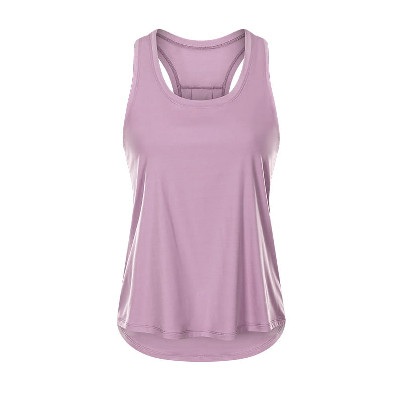 a soft lavender-colored sports nude sleeveless athletic tank top with a racerback design and high-low hemline suitable for sleeveless yoga uniform use