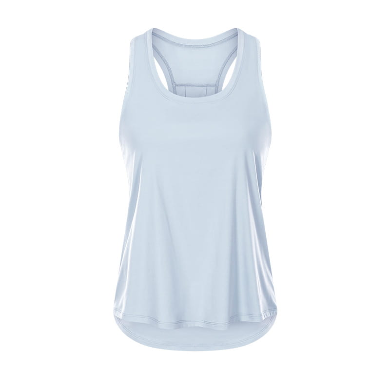 Light blue nude sleeveless yoga uniform blouse featuring a racerback design and a flowing high-low hemline ideal for sports nude sleeveless activities.
