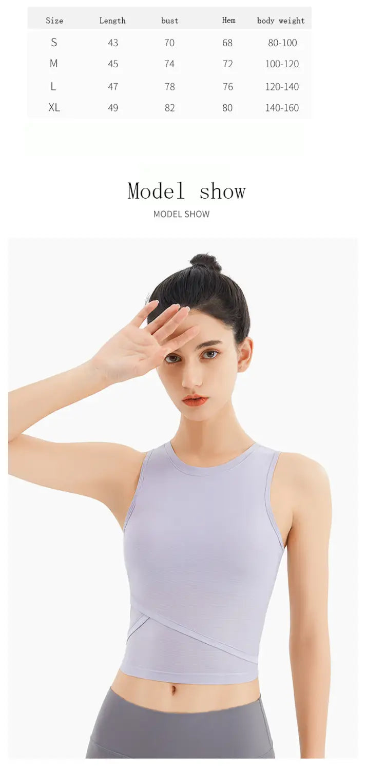 Light purple ribbed sleeveless fitness vest with chest pad and diagonal seam detailing on a round neckline crop top.
