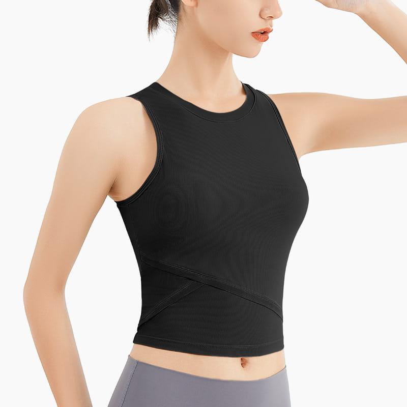 Black ribbed sleeveless fitness vest with chest pad featuring a round neckline and diagonal seam detail designed for active wear.