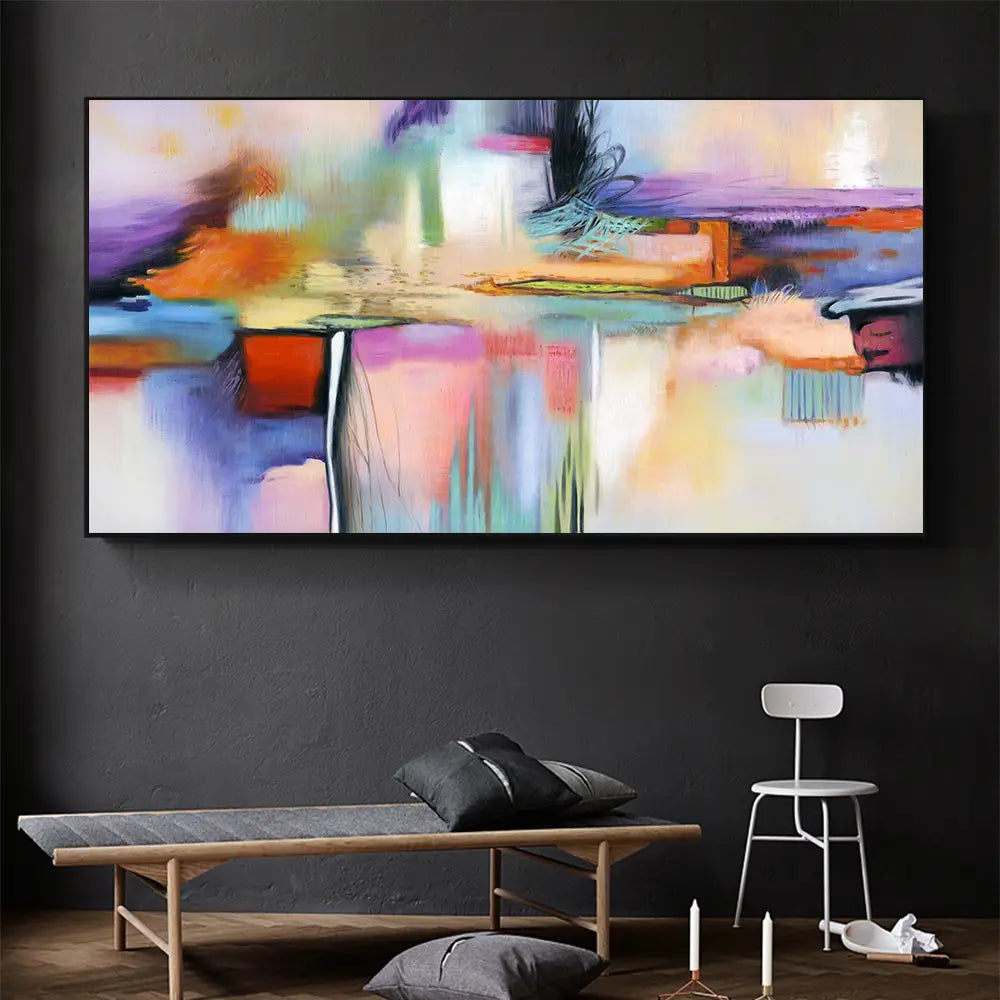 Vibrant abstract living room decorative painting by ddhh home painting featuring an abstract canvas with vibrant blended strokes of purple orange blue and pink against a white background.