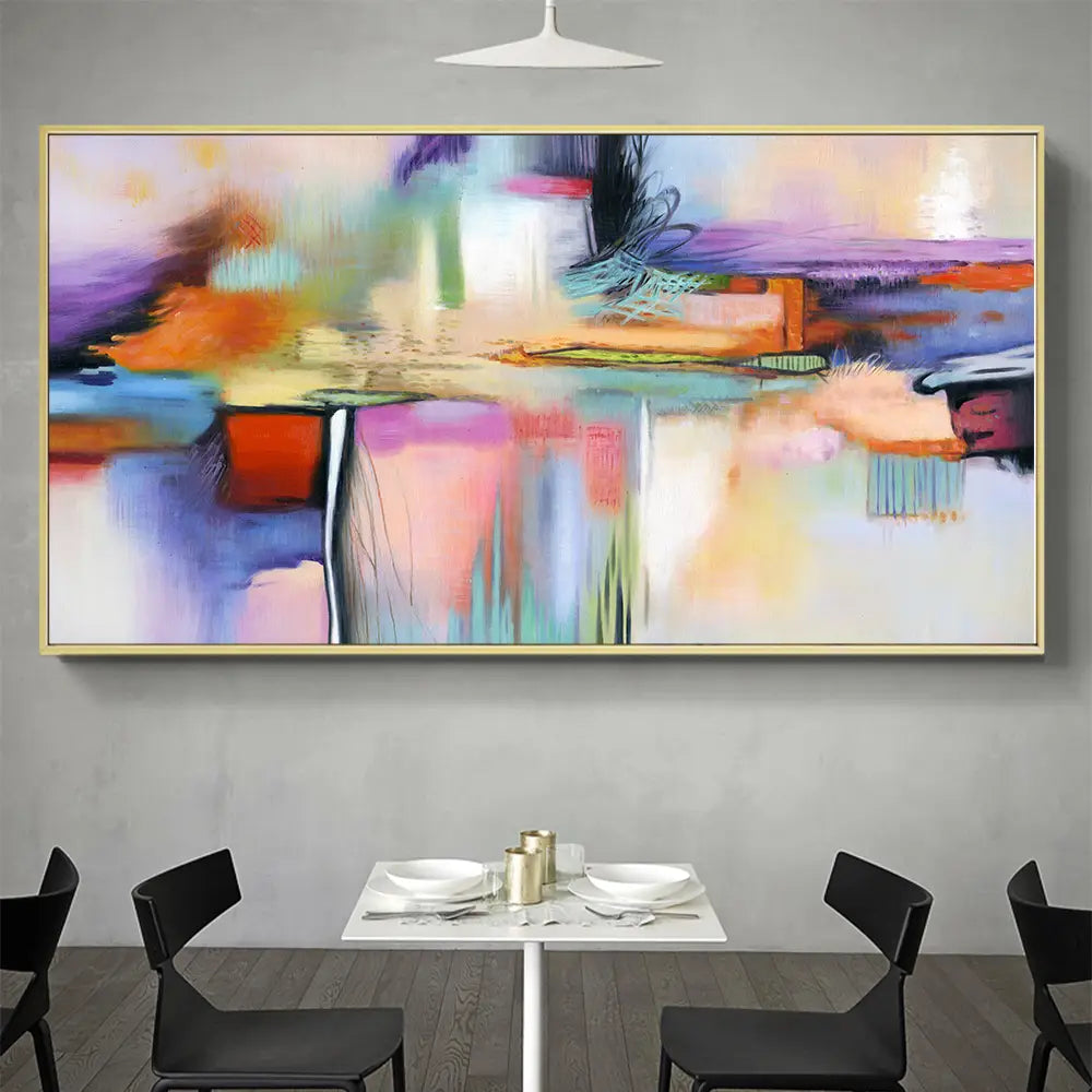 a vibrant abstract living room decorative painting with bold purple orange blue and pink brushstrokes in a sleek gold-colored frame by ddhh home painting