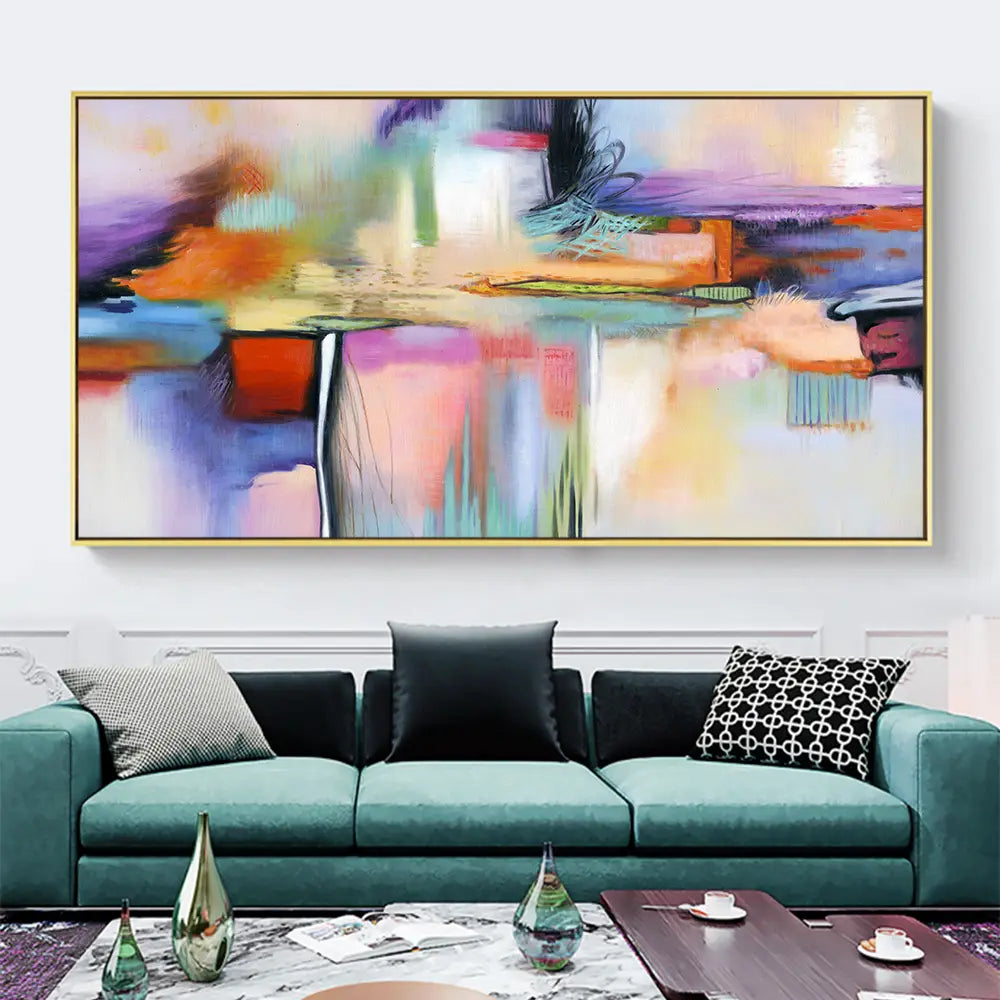 Vibrant abstract living room decorative painting with bold purple orange blue and pink brushstrokes in a sleek gold frame by ddhh home painting.