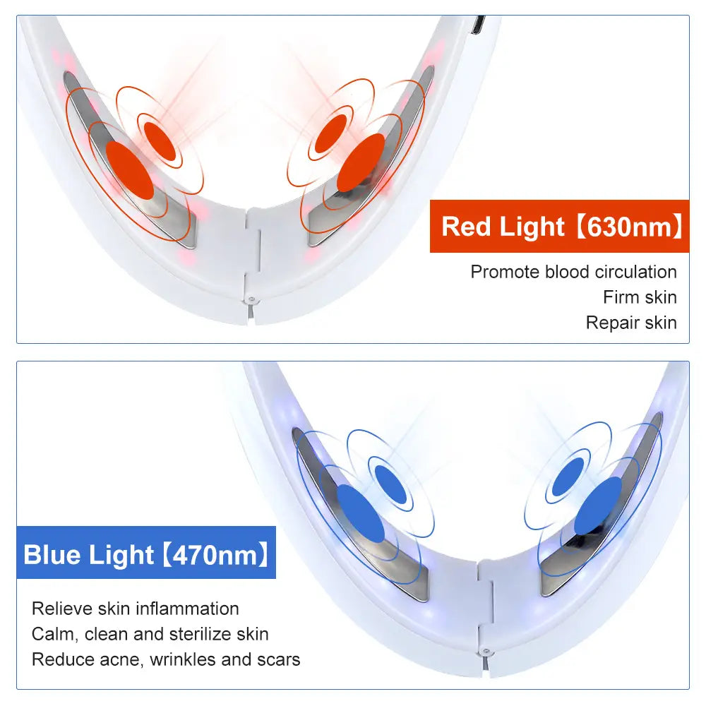 White plastic multifunctional facial lifting LED face beauty instrument with red and blue light therapy panels for thinning face beauty treatment.