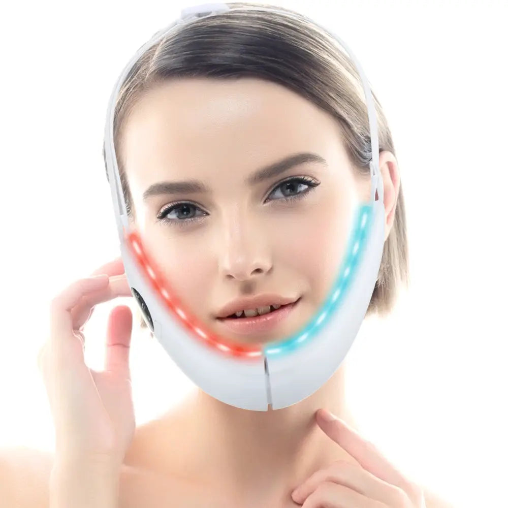 Multifunctional facial lifting led face beauty instrument with a white facial mask featuring red and blue led light strips designed for thinning face beauty.