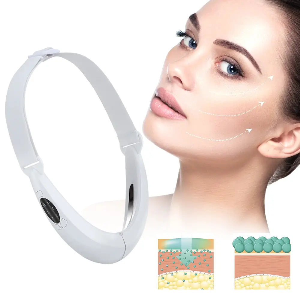White plastic multifunctional facial lifting device with adjustable strap and control panel designed as a thinning face beauty instrument