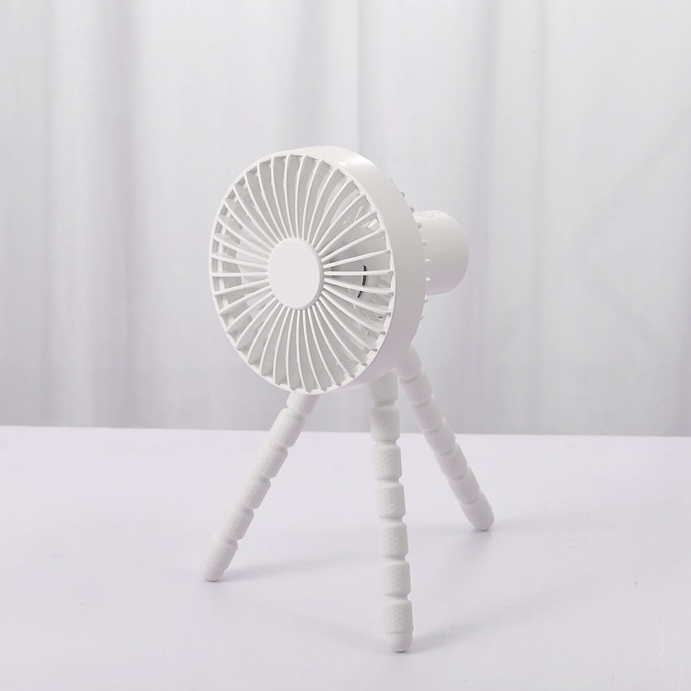 White portable tripod small fan with adjustable tripod stand designed as a multifunctional small fan desktop for versatile cooling solutions