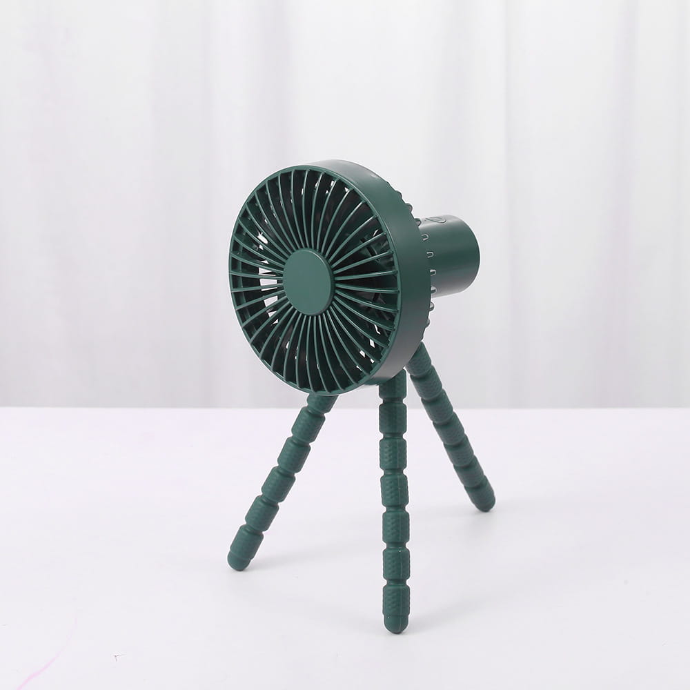 dark green portable tripod small fan with flexible legs and circular blade housing designed as a small fan desktop multifunctional adjustable for versatile use