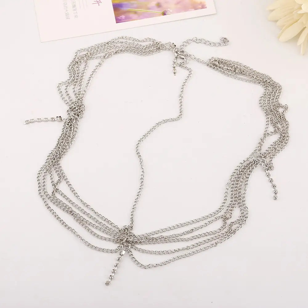 silver multi-strand chain choker with delicate layered links and central clasp designed for an elegant head chain featuring tassel inlaid diamond accents