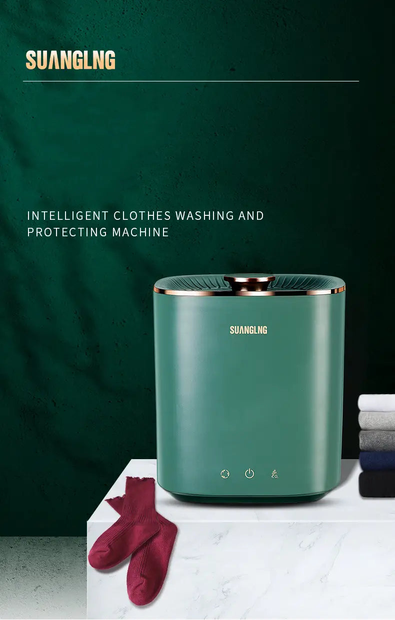 Teal-green cylindrical suanglng intelligent mini portable washing machine with gold trim designed for efficient washing and protection of clothes.