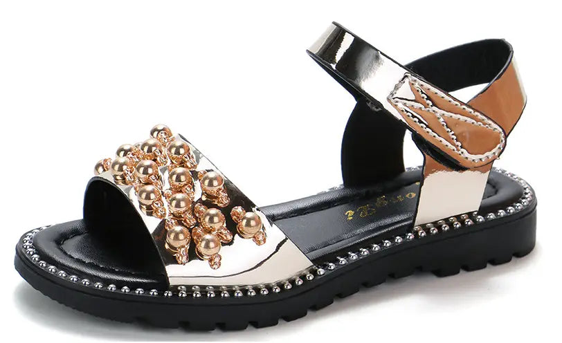 black and metallic gold embellished fish mouth princess student sandals korean version with shiny strap pearl-like bead cluster on toe and studded edges