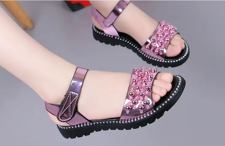 pink metallic fish mouth princess student sandals korean version with a chunky black sole and sparkling rhinestone-adorned strap