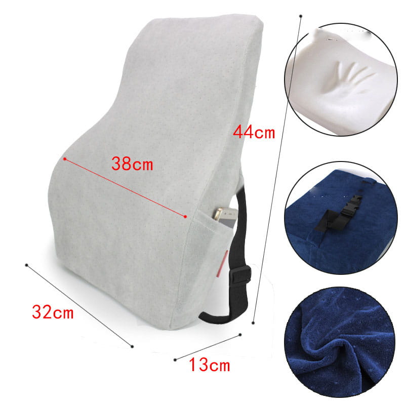 Gray upholstered ergonomic lumbar support airbag version cushion featuring blue style velvet interior and black adjustable straps for airbag adjustment.