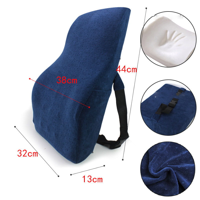 Blue upholstered ergonomic lumbar support pillow in airbag version with adjustable straps for airbag adjustment in white ergonomic lumbar support airbag version cushion product