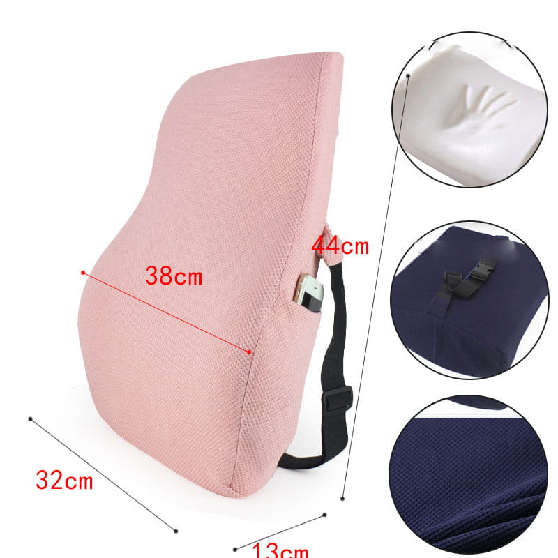White ergonomic lumbar support airbag version cushion featuring a pink mesh-backed ergonomic lumbar support pillow with adjustable straps and a built-in phone pocket designed for enhanced comfort and airbag adjustment.