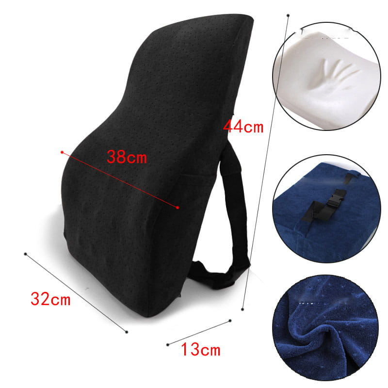 Black ergonomic lumbar support pillow with plush contoured design and adjustable straps for back comfort in the airbag version featuring airbag adjustment functionality.