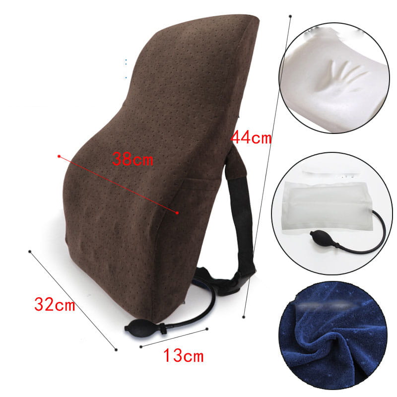 White ergonomic lumbar support airbag version cushion in brown upholstered fabric with adjustable airbag adjustment bladder and integrated pump