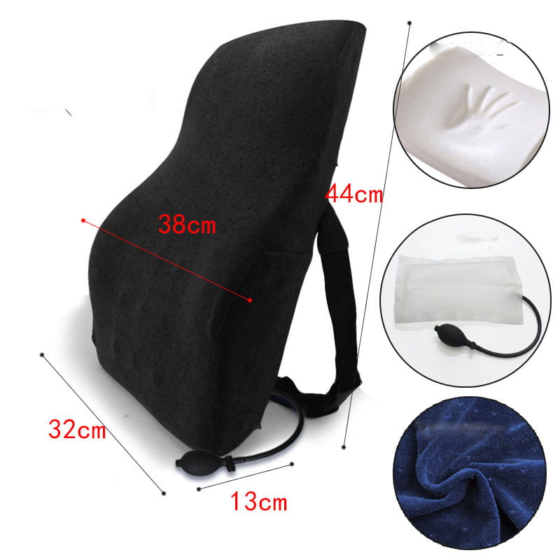 Black inflatable lumbar support pillow with adjustable airbag version height and blue velvet fabric cover in blue style for ergonomic white ergonomic lumbar support airbag version cushion.