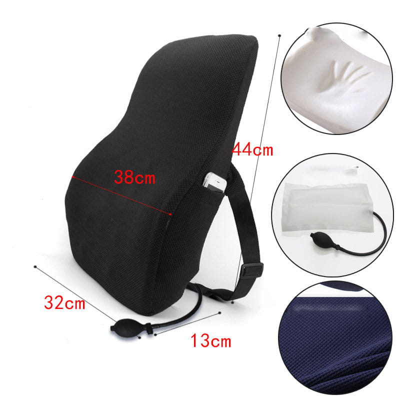Black ergonomic lumbar support cushion with airbag version featuring adjustable firmness via airbag adjustment, contoured design for back alignment, and reinforced straps, designed for improved posture and comfort.