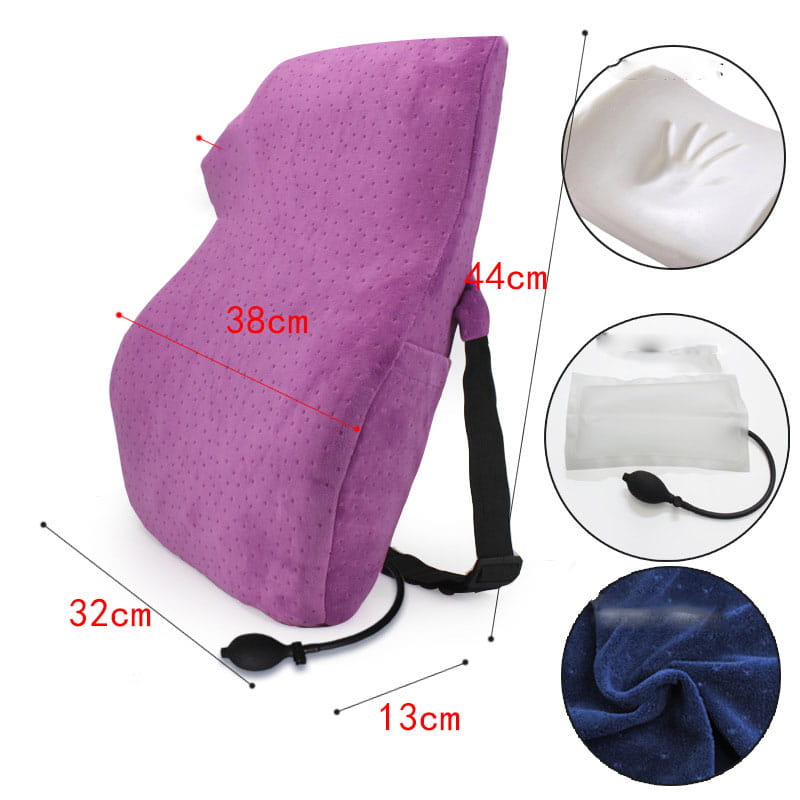 Purple inflatable lumbar support airbag version cushion with perforated fabric cover and black pump hose for airbag adjustment in ergonomic white design blue style
