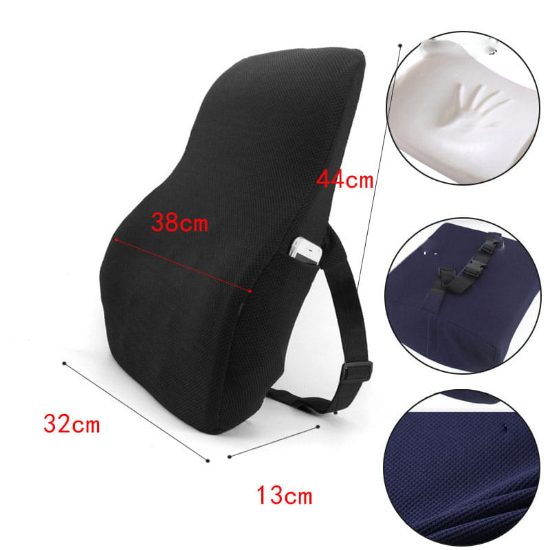 Black ergonomic lumbar support cushion with memory foam interior and adjustable strap shown from the back side, compatible with airbag version and airbag adjustment features.