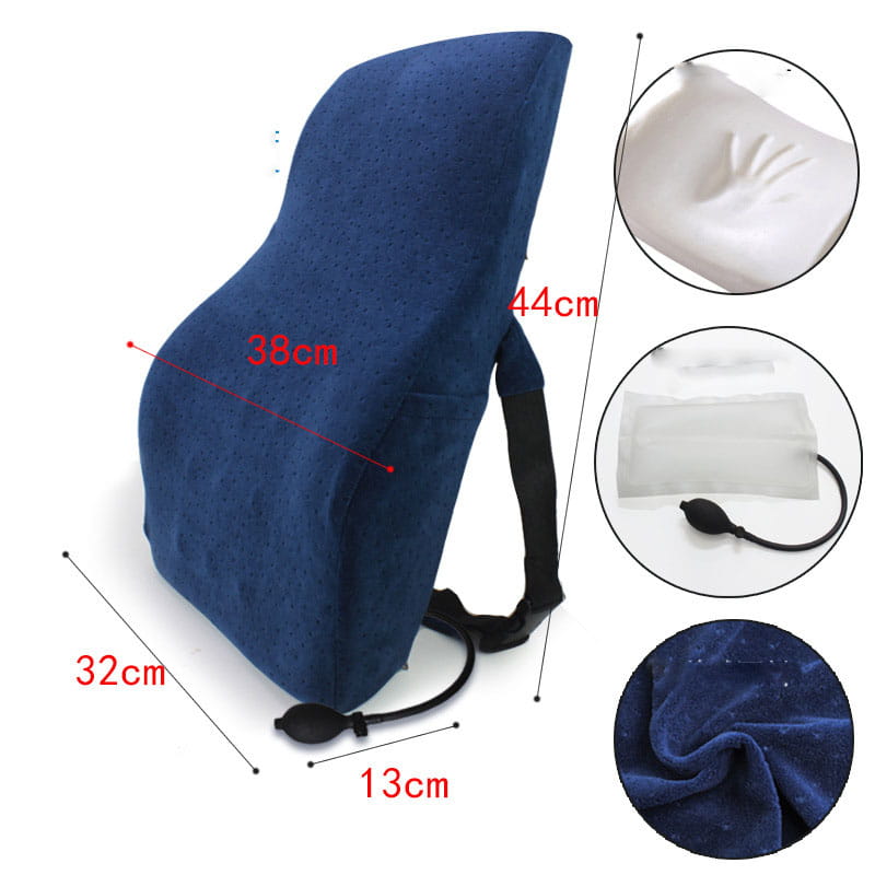 blue style inflatable lumbar support pillow with textured fabric cover and black straps for ergonomic airbag version adjustment cushion