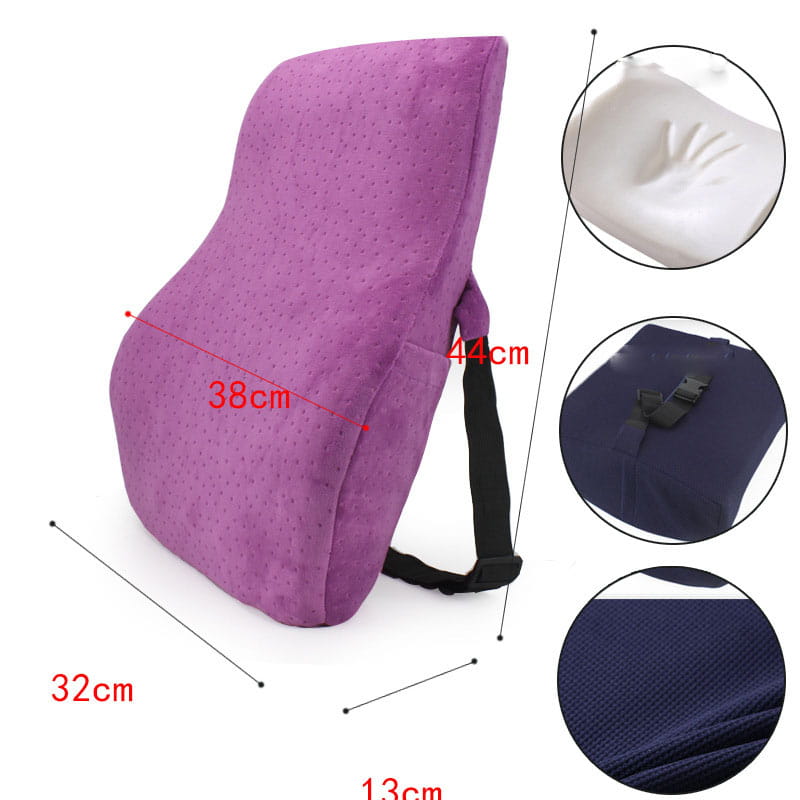 purple memory foam lumbar support pillow with black straps and textured fabric cover from the white ergonomic lumbar support airbag version cushion featuring airbag adjustment for enhanced comfort.