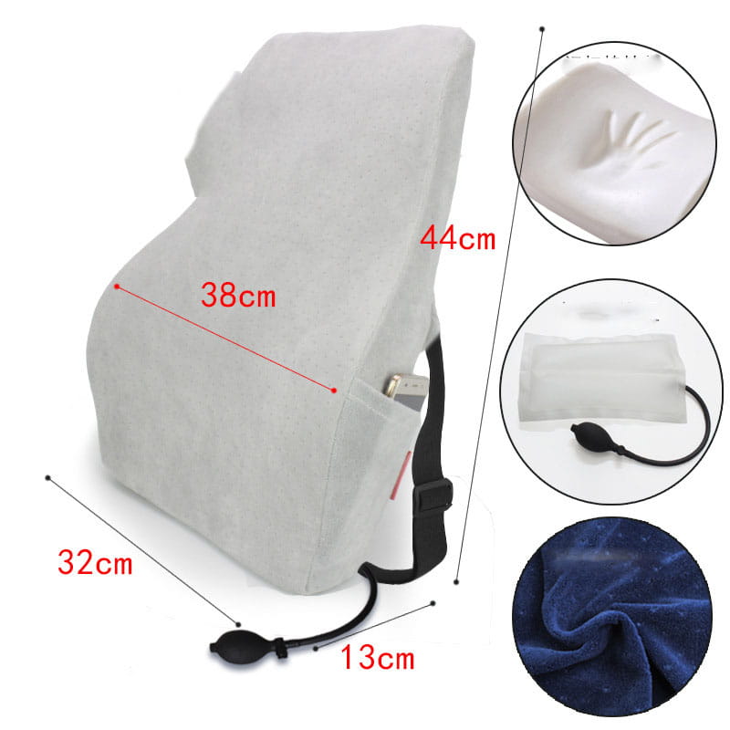 Gray memory foam lumbar support pillow with black adjustable straps and built-in air pump for airbag version adjustment in the white ergonomic lumbar support airbag version cushion.