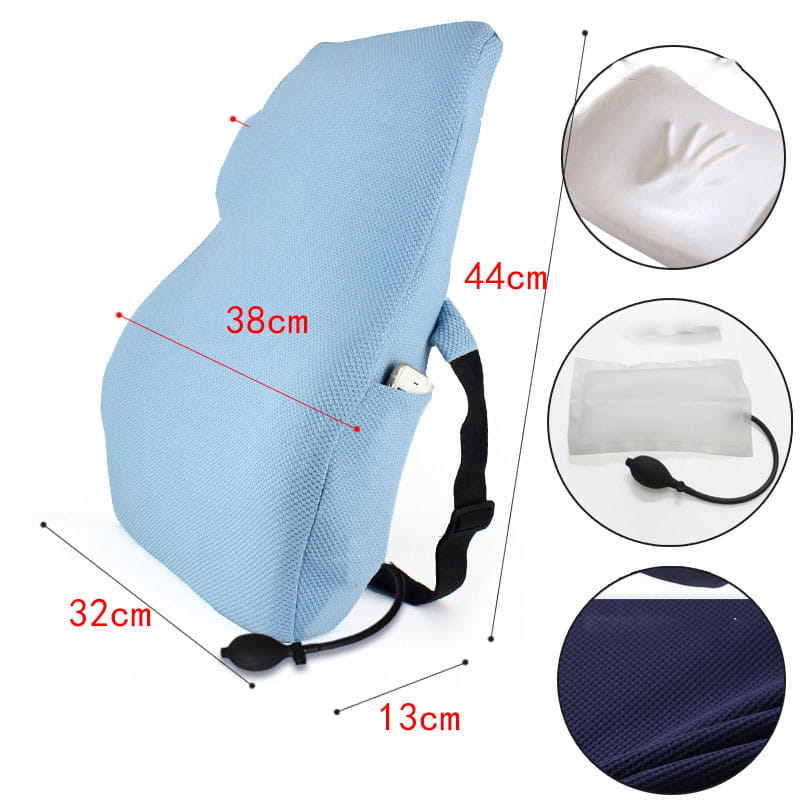 white ergonomic lumbar support airbag version cushion in blue style featuring a light blue mesh-backed adjustable pillow with black straps and built-in airbag adjustment pump for customizable firmness